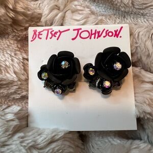 Betsey Johnson Black Floral Earrings with AB Crystals NWT